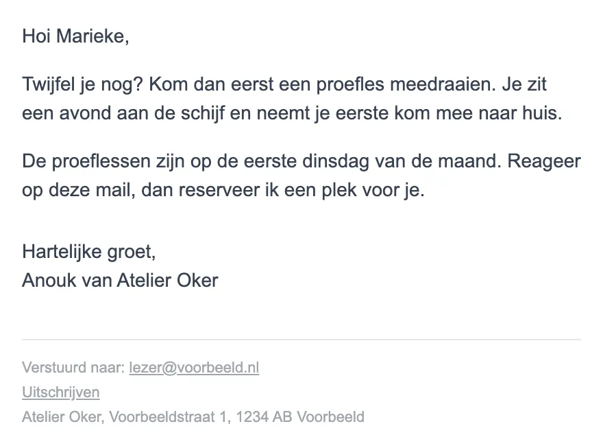 Derde mail: een uitnodiging voor een proefles.
